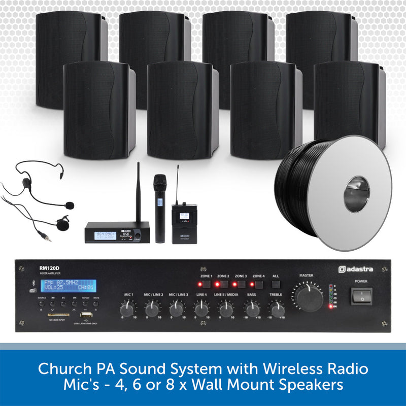 Church PA sound system with wireless radio mic, wall mount speakers, and amplifier on a white background.
