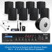 Church PA sound system with wireless radio mic, wall mount speakers, and amplifier on a white background.