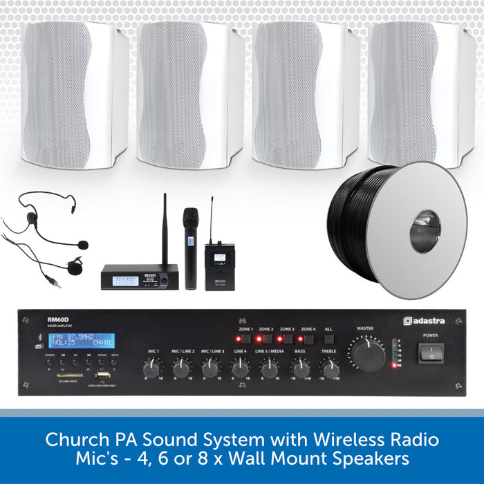 Church PA sound system with wireless radio, microphones, and wall mount speakers on a white background.