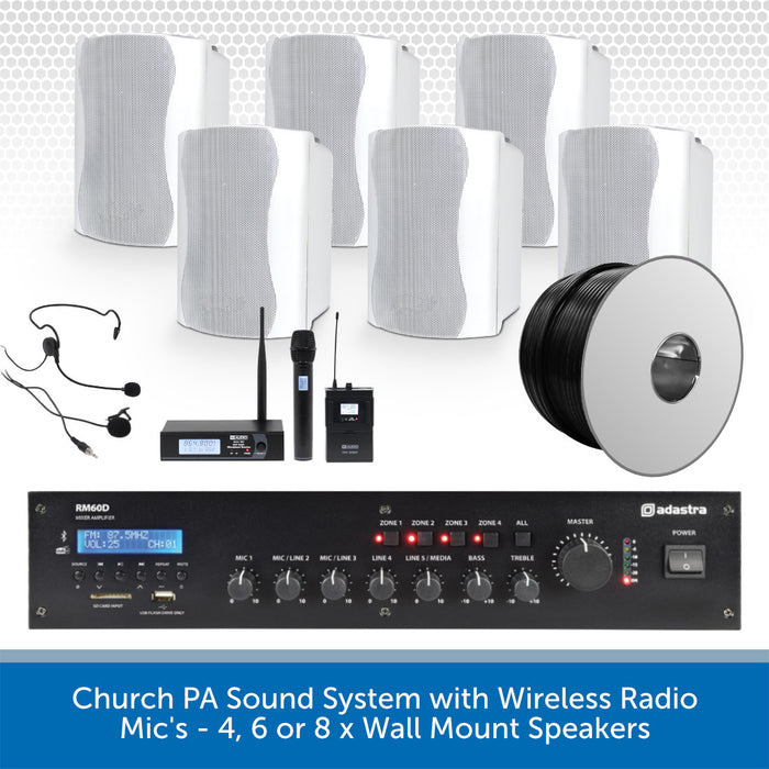 Church PA sound system with wireless radio, microphones, and wall mount speakers on a white background.