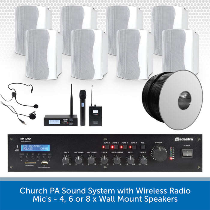 Church PA sound system with wireless radio, microphones, and wall mount speakers on a white background.