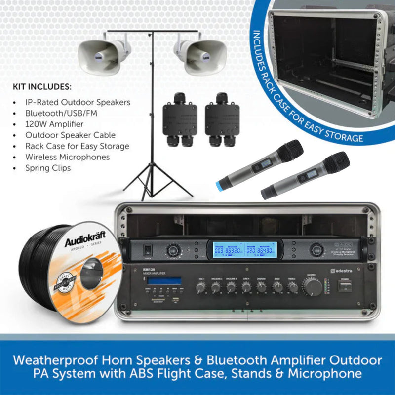 Weatherproof Horn Speakers & Bluetooth Amplifier Outdoor PA System with ABS Flight Case, Stands & Microphone