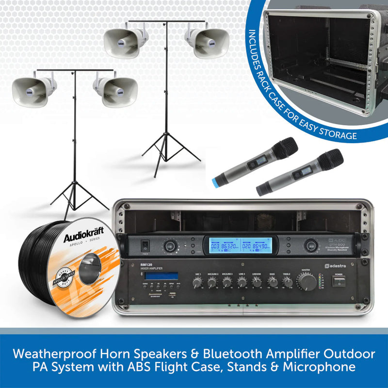 Weatherproof Horn Speakers & Bluetooth Amplifier Outdoor PA System with ABS Flight Case, Stands & Microphone