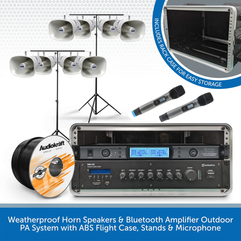Weatherproof Horn Speakers & Bluetooth Amplifier Outdoor PA System with ABS Flight Case, Stands & Microphone