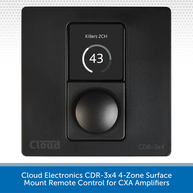 Cloud Electronics CDR-3x4 4-Zone Surface Mount Remote Control for CXA Amplifiers, featuring a matte black faceplate with a central touch screen displaying 'Killers 2CH' and a large round button below, shown on a white background with a blue text banner at the bottom.