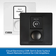 Cloud Electronics CDR-3x4 4-Zone Surface Mount Remote Control for CXA Amplifiers, shown in black with a digital display showing 'Killers 2CH' and '43', with a white wall plate in the background.