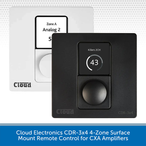 Cloud Electronics CDR-3x4 4-Zone Surface Mount Remote Control for CXA Amplifiers, shown in black with a digital display showing 'Killers 2CH' and '43', with a white wall plate in the background.