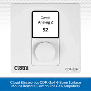 Cloud Electronics CDR-3x4 Zone A Analog 2 remote control faceplate, featuring a white square wall-mounted unit with a central black-bordered display showing 'Zone A Analog 2 52' and a round white dial below. A blue text banner at the bottom reads 'Cloud Electronics CDR-3x4 4-Zone Surface Mount Remote Control for CXA Amplifiers'.
