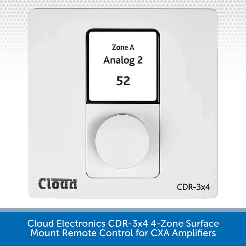 Cloud Electronics CDR-3x4 Zone A Analog 2 remote control faceplate, featuring a white square wall-mounted unit with a central black-bordered display showing 'Zone A Analog 2 52' and a round white dial below. A blue text banner at the bottom reads 'Cloud Electronics CDR-3x4 4-Zone Surface Mount Remote Control for CXA Amplifiers'.