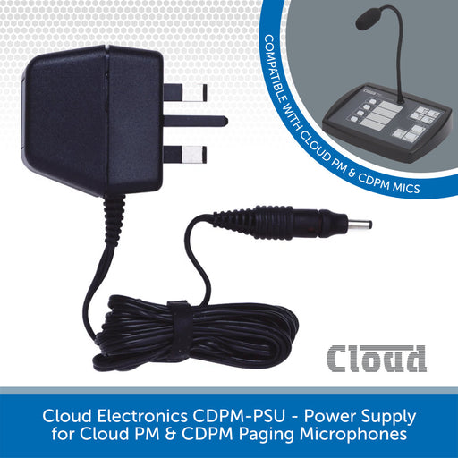 Black Cloud Electronics CDPM-PSU power supply adapter with a coiled cable and barrel connector, shown on a white background with a blue banner and compatibility badge for Cloud PM and CDPM microphones.