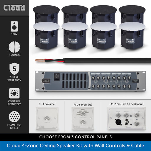 Cloud 4-Zone Ceiling Speaker Kit with Wall Controls & Cable — 8, 12 or 16 Speakers