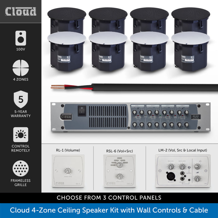 Cloud 4-Zone Ceiling Speaker Kit with Wall Controls & Cable — 8, 12 or 16 Speakers