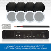 Cloud Contractor VMA240 and CVS-C53T 5.25" 100V ceiling speaker kit, featuring four black round ceiling clouds, four white round ceiling clouds, a black cable, and a black VMA240 amplifier on a white background with a blue text banner at the bottom.