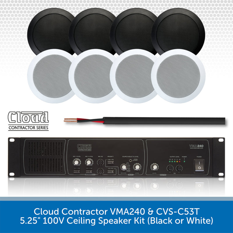 Cloud Contractor VMA240 and CVS-C53T 5.25" 100V ceiling speaker kit, featuring four black round ceiling clouds, four white round ceiling clouds, a black cable, and a black VMA240 amplifier on a white background with a blue text banner at the bottom.