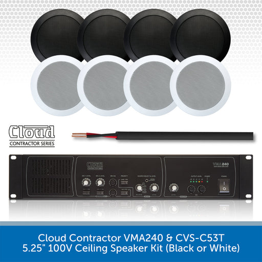 Cloud Contractor VMA240 and CVS-C53T 5.25" 100V ceiling speaker kit, featuring four black round ceiling clouds, four white round ceiling clouds, a black cable, and a black VMA240 amplifier on a white background with a blue text banner at the bottom.
