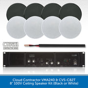 Cloud Contractor Series VMA240 & CVS-C82T 8" 100V Ceiling Speaker Kit, featuring four black and four white round ceiling clouds, a black cable, and a black VMA240 amplifier. The image shows the products against a white background with a gray patterned header, a blue text banner at the bottom, and a reflection effect.