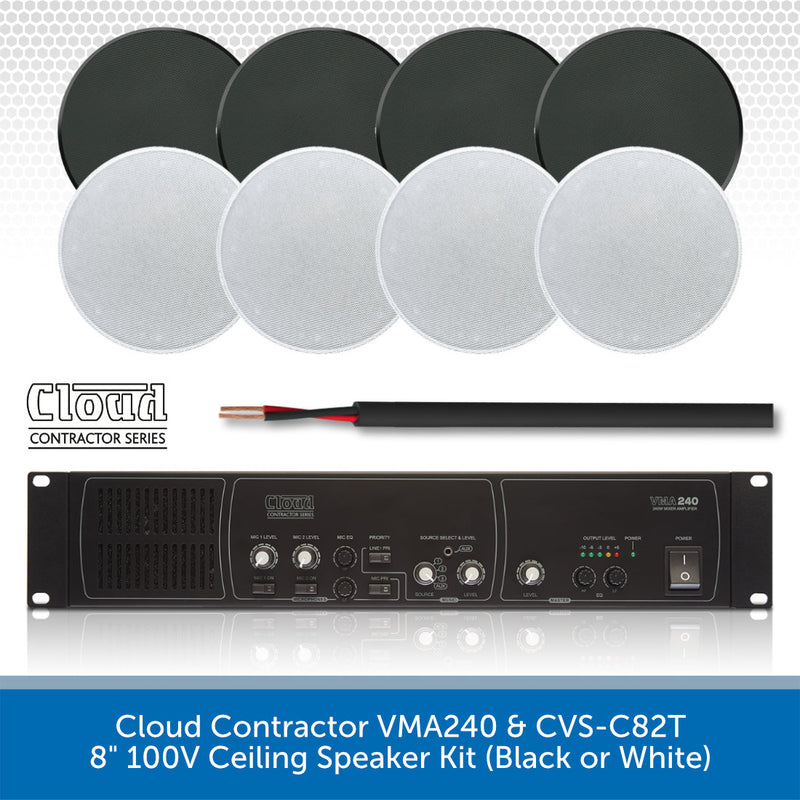 Cloud Contractor Series VMA240 & CVS-C82T 8" 100V Ceiling Speaker Kit, featuring four black and four white round ceiling clouds, a black cable, and a black VMA240 amplifier. The image shows the products against a white background with a gray patterned header, a blue text banner at the bottom, and a reflection effect.