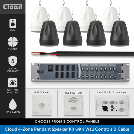 Cloud 4-Zone Pendant Speaker Kit with wall controls and cable, featuring five pendant speakers (three white, two black), a wall cable, a rack-mounted amplifier, and three control panel options on a white background with a black sidebar.