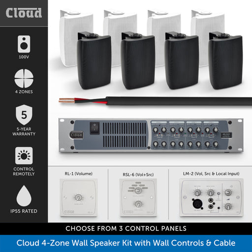Cloud 4-Zone Wall Speaker Kit featuring four black wall speakers, a control module, a cable, and three control panel options (RL-1, RSL-6, LM-2) on a white background with a black sidebar detailing features like 100V, 4 zones, 5-year warranty, and remote control.