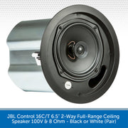 JBL Control 16C/T ceiling speaker on a white background with text indicating model details.
