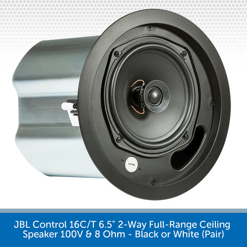 JBL Control 16C/T ceiling speaker on a white background with text indicating model details.
