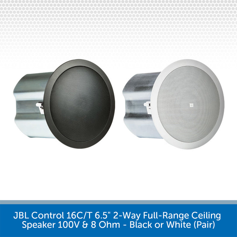 Two ceiling speakers, one black and one white, on a textured white background with JBL branding.