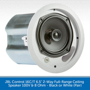 JBL Control 16C/T ceiling speaker on a white background with text indicating model details.