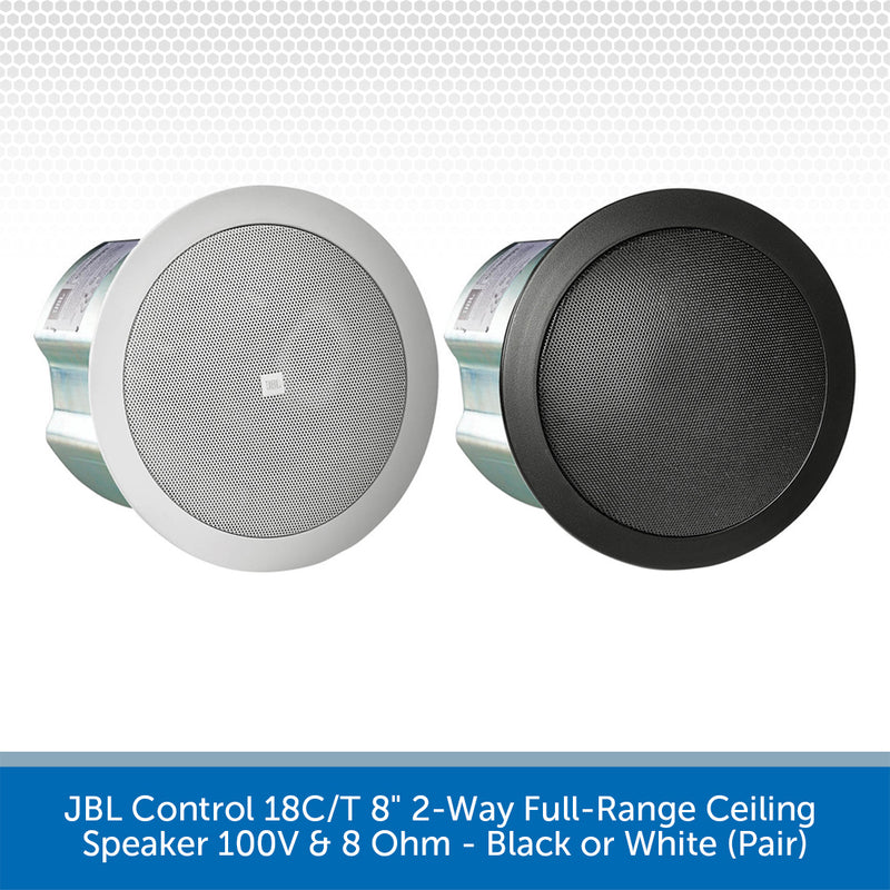 Two ceiling speakers, one black and one white, on a white background with JBL branding.