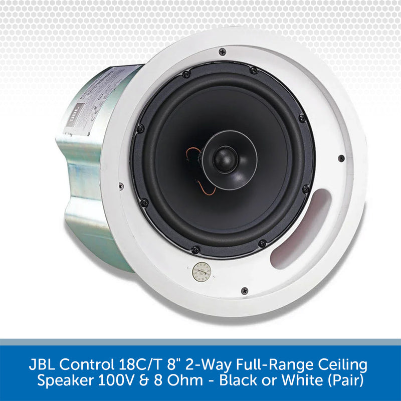 JBL Control 18C/T ceiling speaker on a white background with text indicating model details.