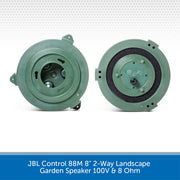 Two green JBL landscape garden speakers on a white background with product details at the bottom.