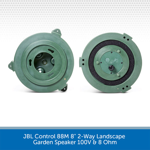 Two green JBL landscape garden speakers on a white background with product details at the bottom.