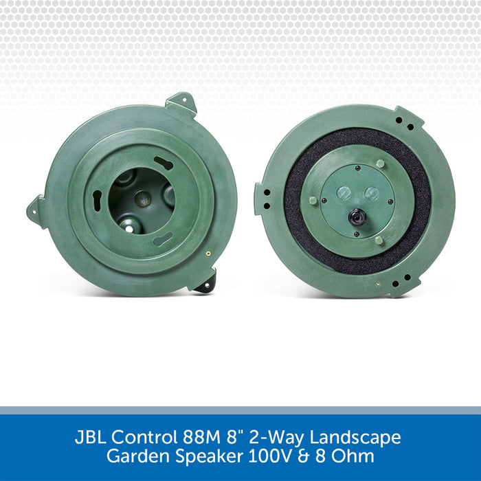 Two green JBL landscape garden speakers on a white background with product details at the bottom.