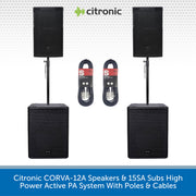Citronic CORVA-12A speakers and 15SA subs with stands and cables on a white background