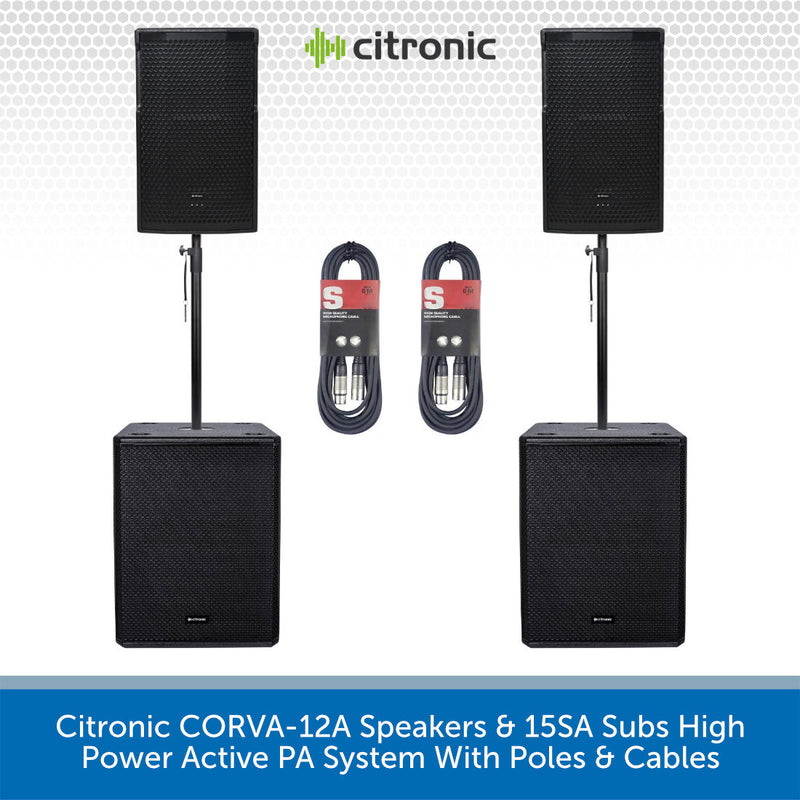 Citronic CORVA-12A speakers and 15SA subs with stands and cables on a white background