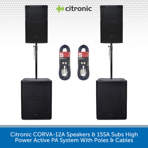 Citronic CORVA-12A speakers and 15SA subs with stands and cables on a white background
