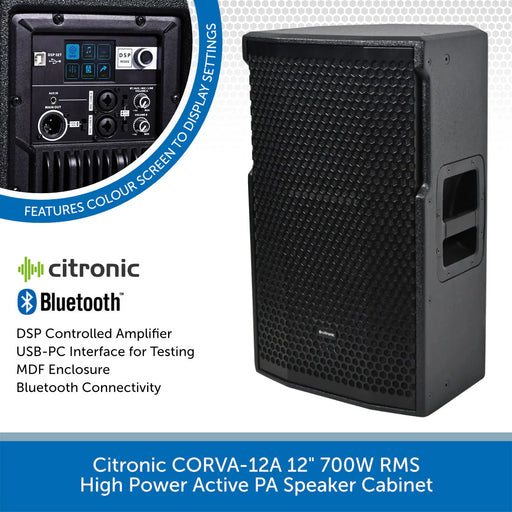 Citronic CORVA-12A 12" 700W RMS high power active PA speaker cabinet with amplifier on a white background.