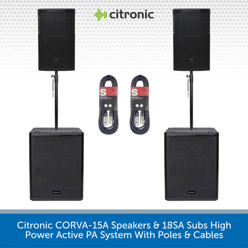 Citronic CORVA-15A Speakers & 18SA Subs High Power Active PA System With Poles & Cables