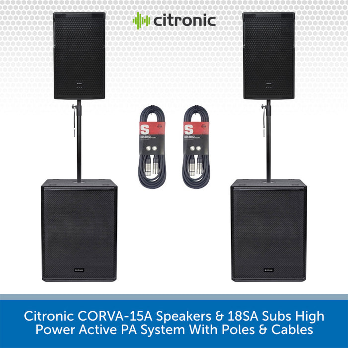 Citronic CORVA-15A Speakers & 18SA Subs High Power Active PA System With Poles & Cables