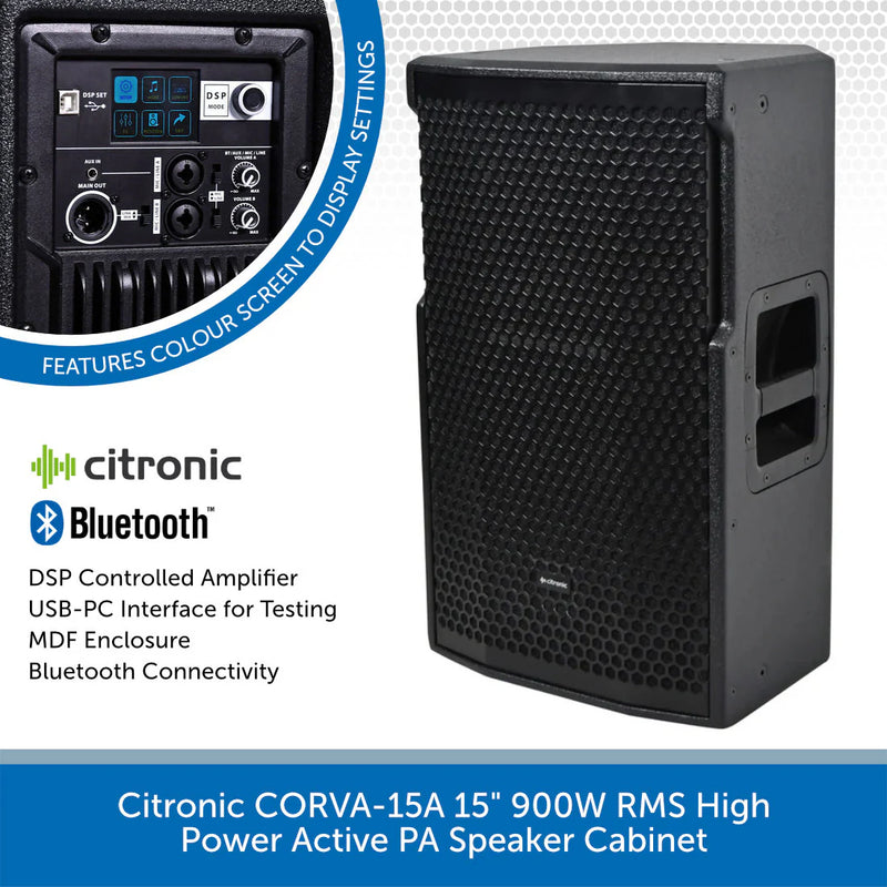 Citronic CORVA-15A Speakers & 18SA Subs High Power Active PA System With Poles & Cables