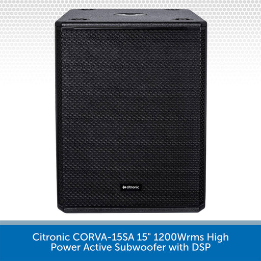 Black active subwoofer with Citronic branding on a white background
