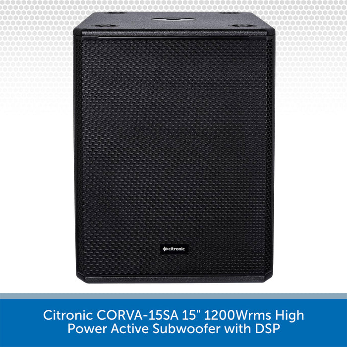 Black active subwoofer with Citronic branding on a white background