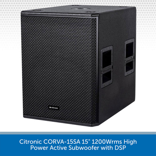 Black Citronic CORVA-15SA subwoofer on a light gray background