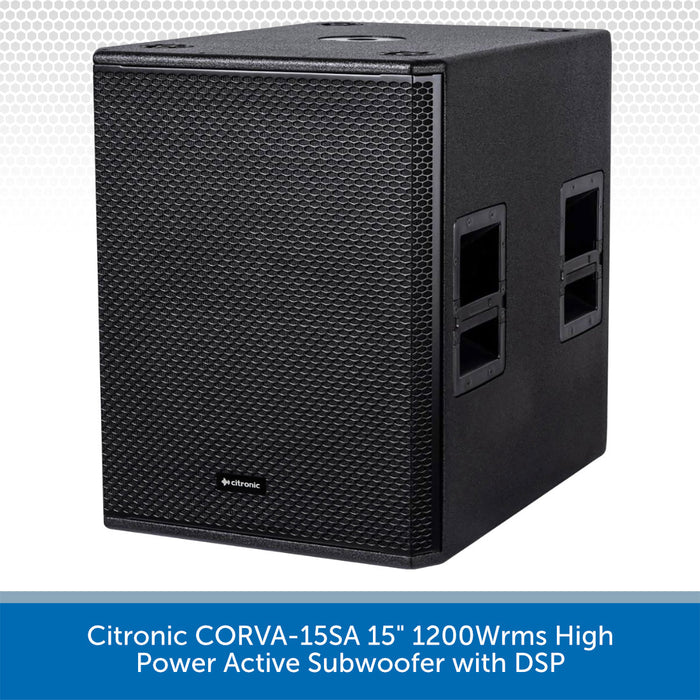 Black Citronic CORVA-15SA subwoofer on a light gray background