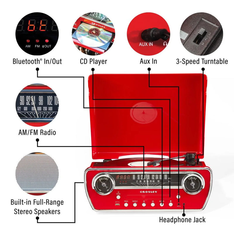 Crosley Powel 7-in-1 Record Player with Bluetooth, CD Player & FM Radio (Red)