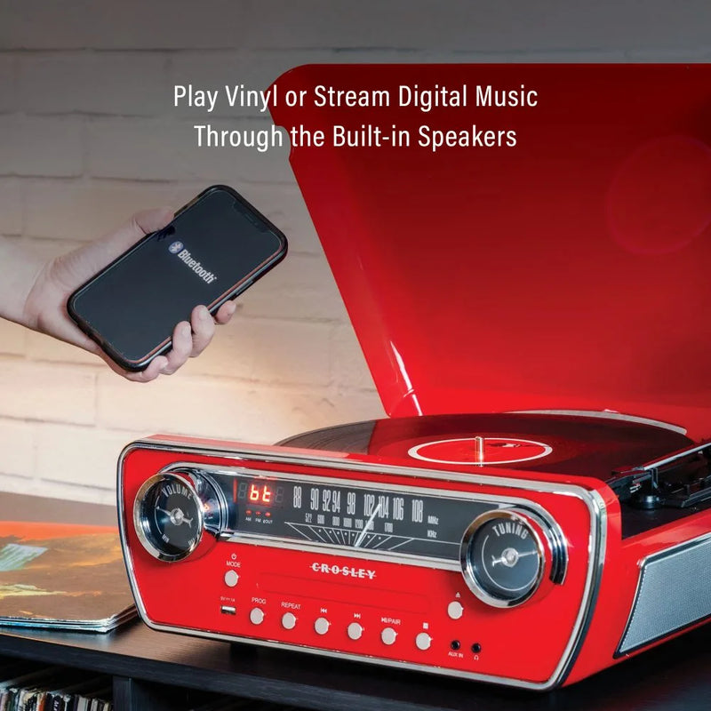 Crosley Powel 7-in-1 Record Player with Bluetooth, CD Player & FM Radio (Red)