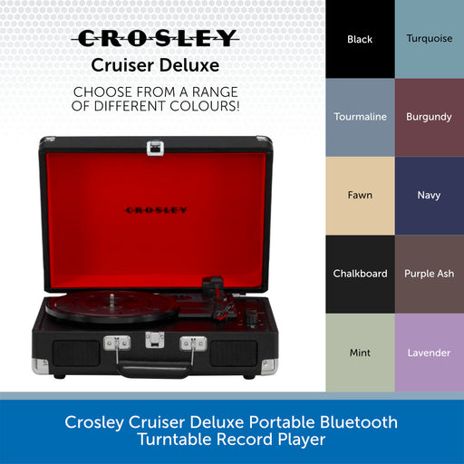 Crosley Cruiser Deluxe portable Bluetooth turntable record player shown open, with a bright red interior and black exterior. The image includes a color selection chart on the right listing available finishes such as turquoise, burgundy, navy, purple ash, mint, lavender, fawn, chalkboard, and black, plus text reading 'Choose from a range of different colours!'.