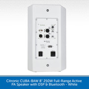 White Citronic CUBA-8AW 8-inch active PA speaker rear panel with multiple audio input and output connectors, power outlets, and a blue text banner at the bottom describing the product.