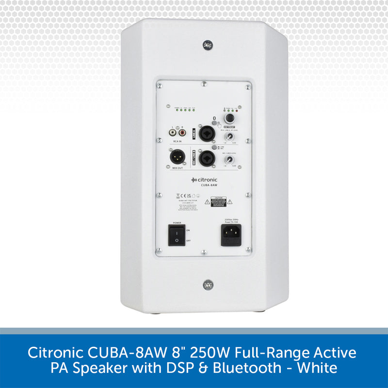 White Citronic CUBA-8AW 8-inch active PA speaker rear panel with multiple audio input and output connectors, power outlets, and a blue text banner at the bottom describing the product.