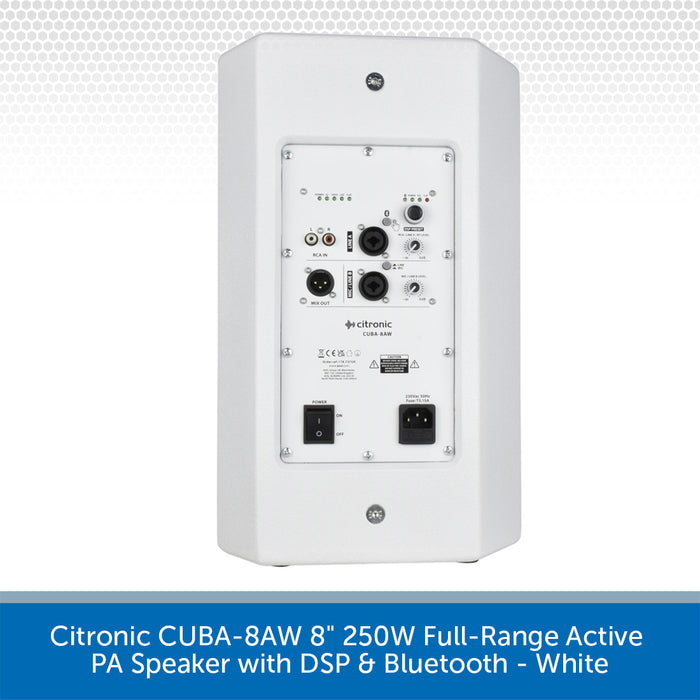 White Citronic CUBA-8AW 8-inch active PA speaker rear panel with multiple audio input and output connectors, power outlets, and a blue text banner at the bottom describing the product.