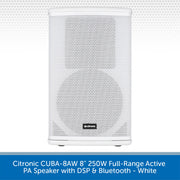 A white Citronic CUBA-8AW 8-inch full-range active PA speaker with DSP and Bluetooth, shown against a white background with a blue text banner at the bottom.